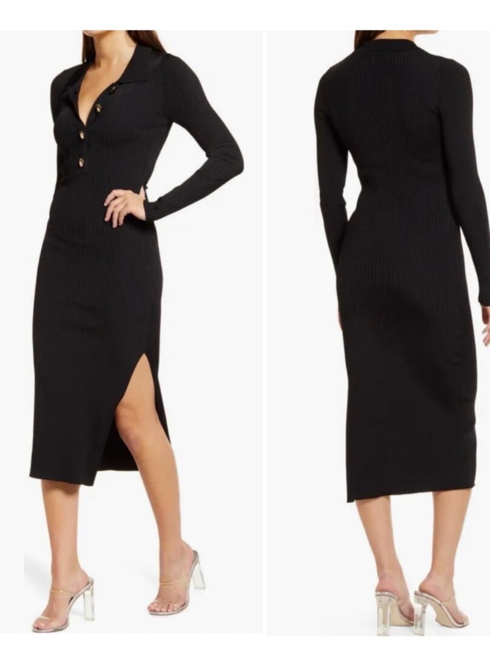 🖤 Good American black ribbed polo midi dress gold buttons